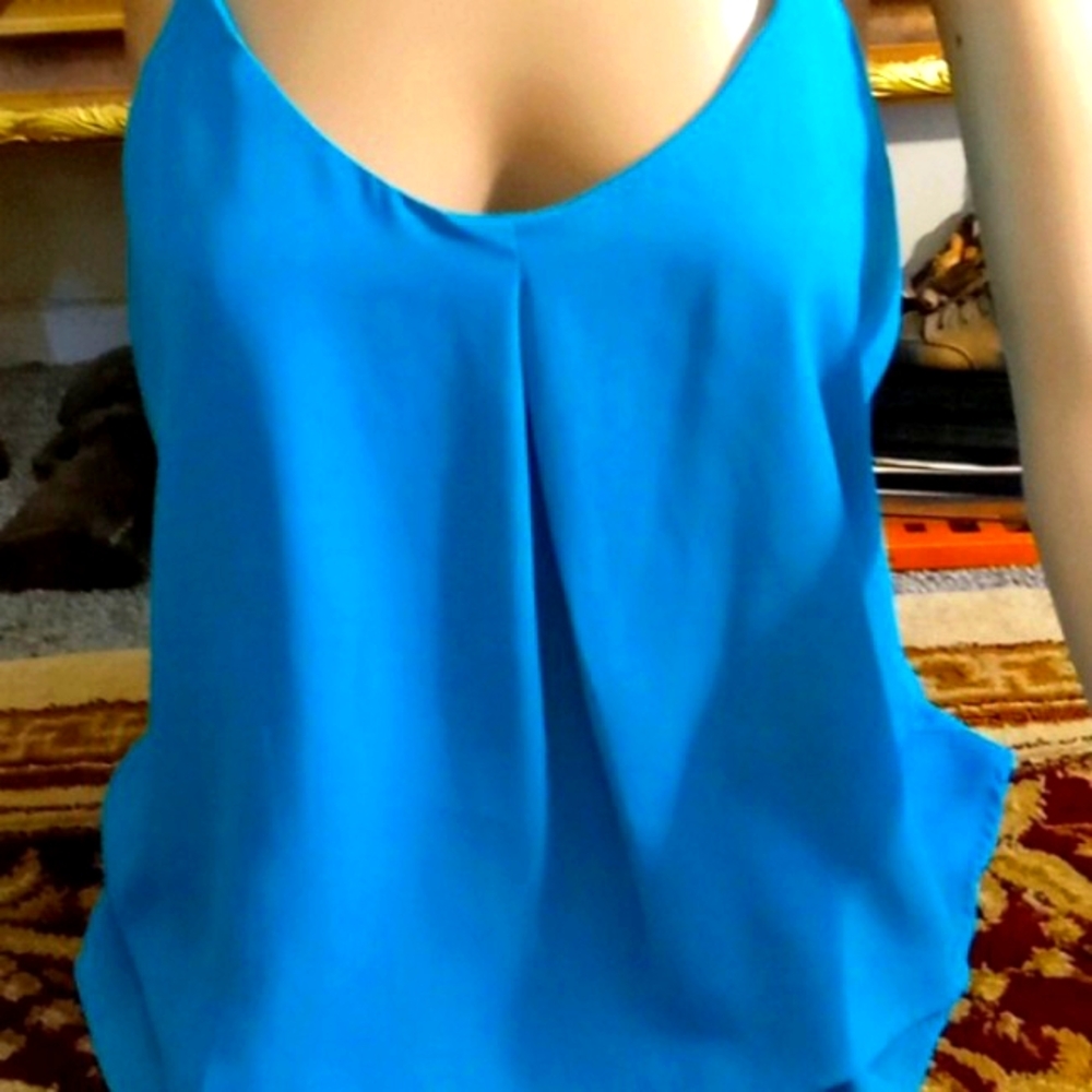 Turquoise layered tank top blouse with open back that buttons size Medium